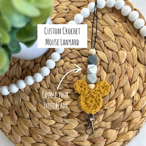 Custom Crochet Mouse Lanyard: Beaded Breakaway ID Badge Holder, Disney Teacher Lanyard