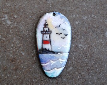 Lighthouse, Enameled Copper Pendant, Artisan Earrings, Jewelry Making, Art Beads, Enamel, Bohemian jewelry supplies