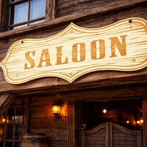 Panneau Saloon en bois – Gravure murale western – Déco Far West rustique – Art mural cowboy personnalisé