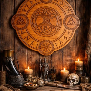 Vikinga Odin-altare i snidat trä – Vegvisir fornnordisk runa – Vikingaaltaredekoration – Nordisk hednisk altardekor – Vikingaväggkonst