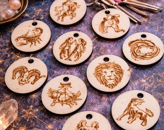 Buy one, get one free: Engraved wooden zodiac sign keychain – 12 wooden zodiac signs – Handmade personalized astrology gift