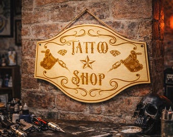 Tattoo, Tattoo Shop, Custom Engraved Wooden Sign – Vintage Decoration for Tattoo Studio | Tattoo Studio