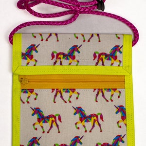 Neck pouch for children "Unicorn" rainbow colors with reflective strips and transparent compartment