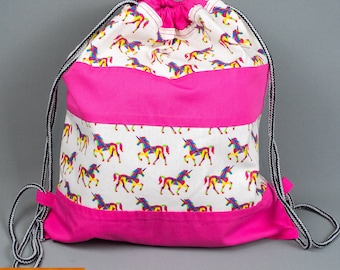 Kinder-Turnbeutel  Rucksack Motiv " Einhorn " mit Innenfutter, Personalisierbar