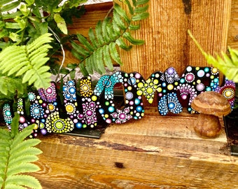 Wooden sign welcome door sign painted dot painting welcome lettering for hanging rainbow colors