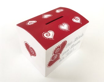 Money box for the wedding, money gift for the wedding engagement, wooden money box painted hearts