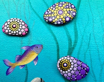 Set of 3 magnets, dot art technique, hand-painted stones, refrigerator magnet, dot painting