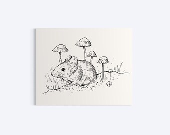 Original Ink Drawing, Mouse and Mushrooms, 5x4”, Ink Drawing, Wildlife Art, Illustration, Sketch, Nature Theme, Wall Art, Whimsical Artwork