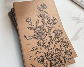 Mini Notebook with Hand Drawn Cover, 3.5x5.5”, A6, Calendula, Kraft, Blank or Lined, Sketchbook, Journal, Traveler’s Notebook, Field Notes