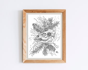 Original Ink Drawing. Deer Skull & Pine Art. 4.5x6"