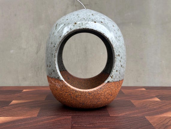 Ceramic Bird Feeder- Double opening - Speckled Glossy Gray