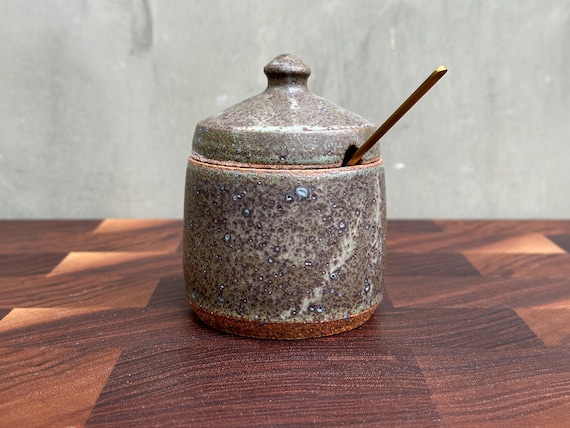 Ceramic Salt Cellar with Lid and Spoon Opening- Matte Speckled Dark Moss Green