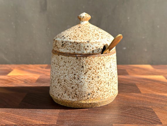 Ceramic Salt Cellar with Lid and Spoon Opening- Speckled "Oatmeal"- Large