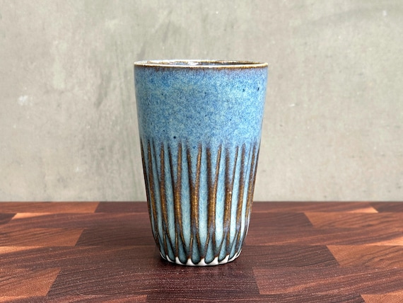 Porcelain "Dahlia" Tall  Cup  - Glossy Denim Blue/ Brown