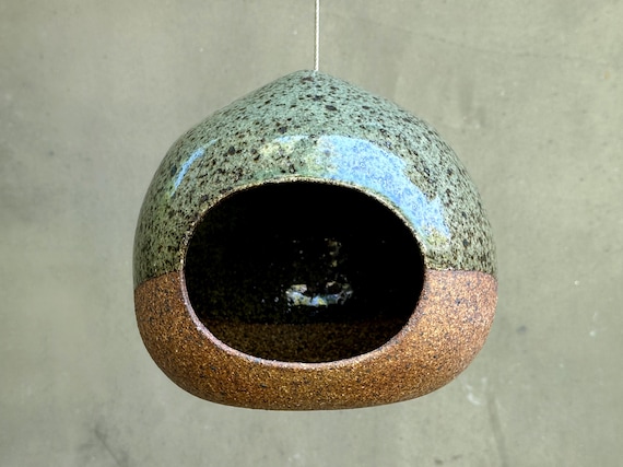 Ceramic Bird feeder- Glossy Speckled Gray/ Green