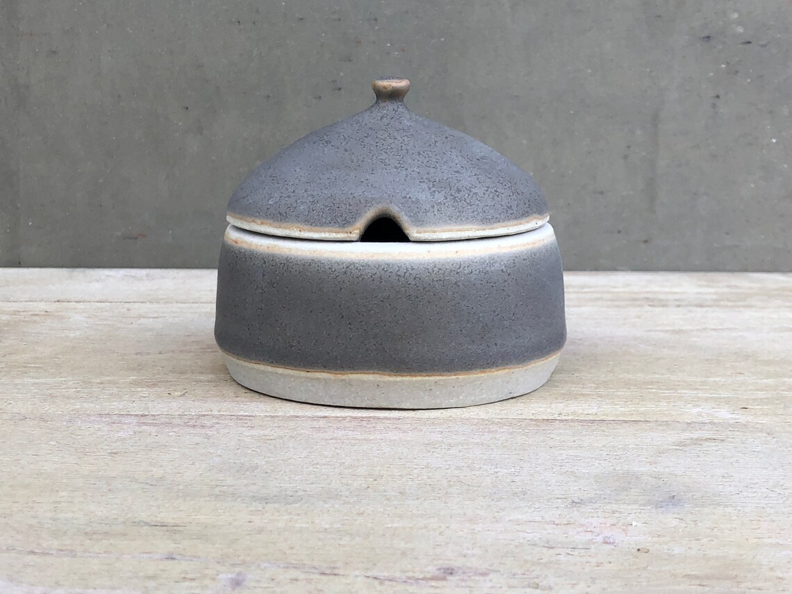 Ceramic Salt Cellar with Lid and Spoon Hole Matte Grey Etsy