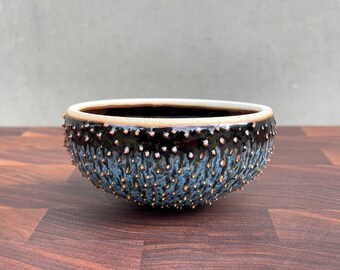 Ceramic Urchin Bowl- Glossy Blue/ Brown Exterior/ Glossy Black Interior