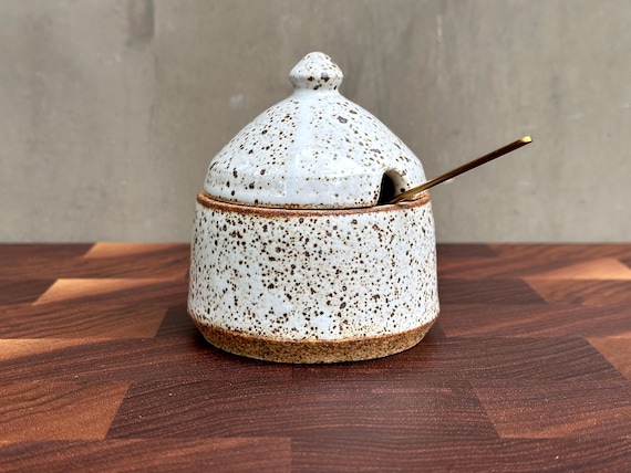 Ceramic Salt Cellar with Lid and Spoon Opening- Glossy Speckled "Oatmeal"
