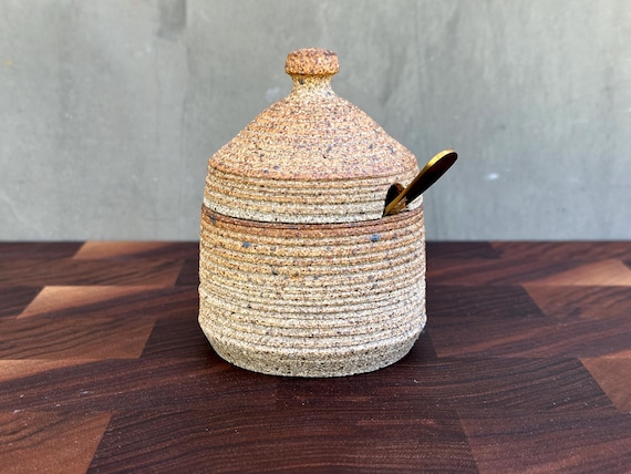 Ceramic Salt Cellar with Lid & Spoon Opening- Carved