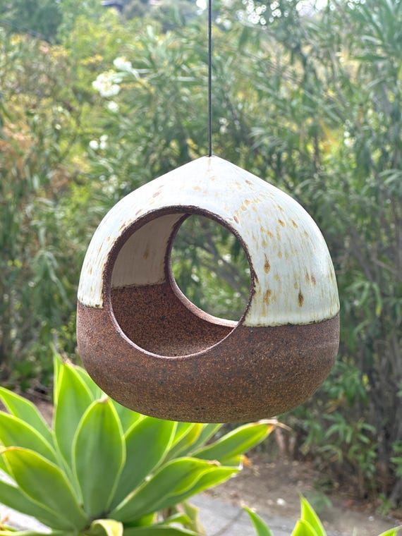 Ceramic Bird feeder- Double Opening in Satin Speckled Oatmeal