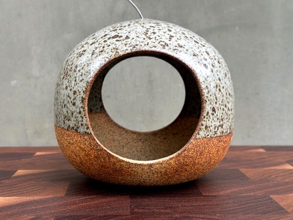 Ceramic Bird Feeder- Double opening - Speckled Satin Gray