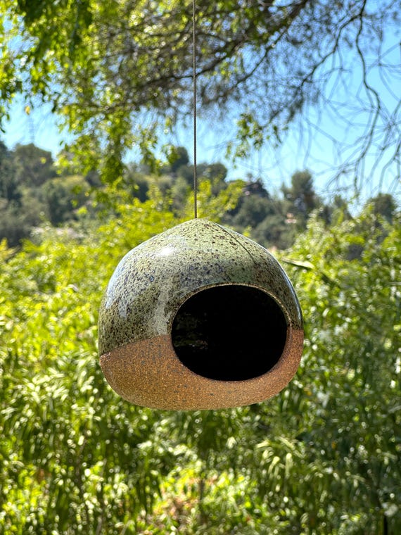 Ceramic Bird feeder- Glossy Speckled Gray/ Green
