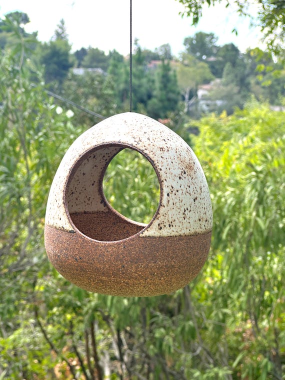 Ceramic Bird feeder- Double Opening in Matte Speckled White