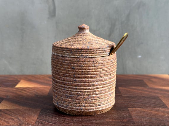 Ceramic Salt Cellar with Lid & Spoon Opening- Carved