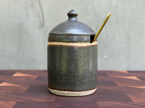 Ceramic Salt Cellar with Lid and Spoon Opening- Matte Speckled Dark Moss Green