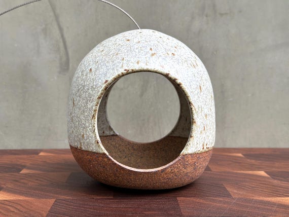 Ceramic Bird feeder- Double Opening in Satin Light Grey with Brown Speckles