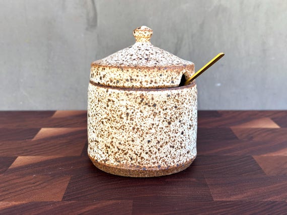 Ceramic Salt Cellar with Lid and Spoon Opening- Speckled "Oatmeal"