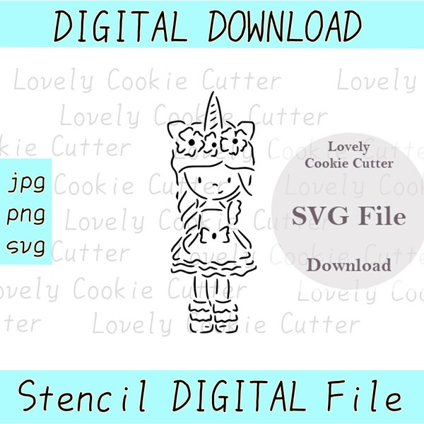 DIGITAL PYO Girl Unicorn Stencil, Cookie Stencil, svg, png, digital download, cutting file, plastic stencils