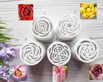Nozzle Set of 5Pcs 5 cm and 4 cm Ladge Tulip Nozzle Pastry Cake Icing Piping Decorating Nozzle Tips Coupler Cupcake Desserts Decorating