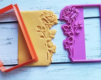 Flower cookie cutter frame with a rose / Rose Cookie Cutter 2-Piece, Outline and Stamp / Cookie Cutter by 3DForme, Fondant Frame Mold