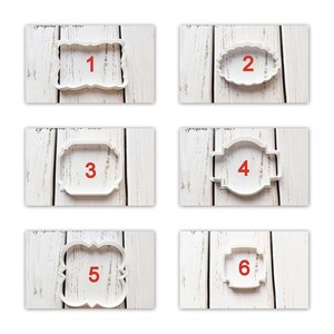May include: Six different cookie cutters in the shape of frames. The cutters are white and are numbered 1 through 6.