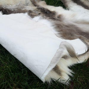 May include: A natural reindeer hide rug with a white underside and a mix of brown and cream fur. The rug is partially rolled up, revealing the white backing, and is set on a bed of green grass.