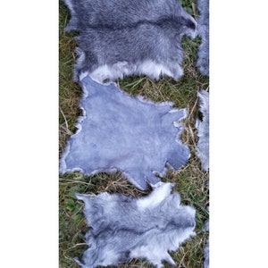 May include: Three pieces of gray rabbit fur. The fur is soft and fluffy. The fur is laid out on a grassy surface.