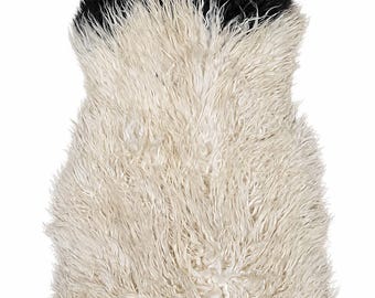 Genuine sheepskin | Cream-white-black, approx. 125 cm | Long pile with curls | Eco-tanned | Unique piece 156-440
