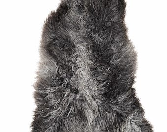 Genuine sheepskin | Silver-grey-anthracite, approx. 110 cm | Curly pile | Eco-tanned | Unique piece 156-428