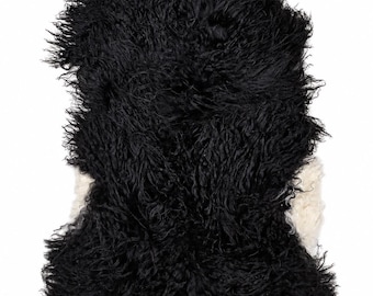 Genuine sheepskin | Black and cream white, approx. 140 cm | Long pile with curls | Eco-tanned | Unique piece 156-439