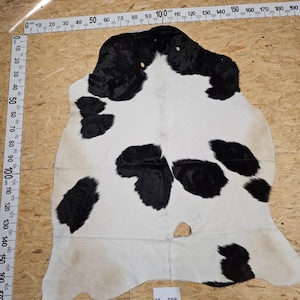 Könnte beinhalten: Schwarz-weißes Kuhfellteppich mit einer natürlichen, leicht gebräunten Farbe. Der Teppich ist etwa 180 cm breit und 130 cm lang. Der Teppich hat ein einzigartiges Muster aus schwarzen und weißen Flecken.
