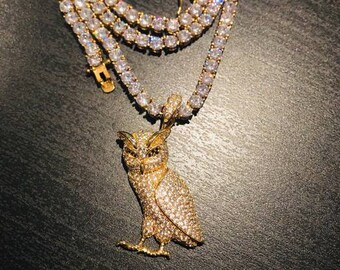 18k Gold Diamond OVO Owl Pendant W/ Tennis Chain Necklace Iced - Etsy