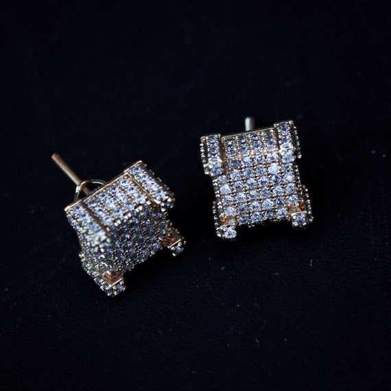 18k Yellow Gold Iced Out Diamond Square Cut Stud Earrings | Etsy