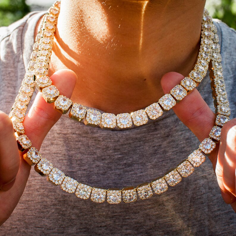 14k Yellow Gold Clustered Diamond Tennis Chain Choker Necklace Etsy