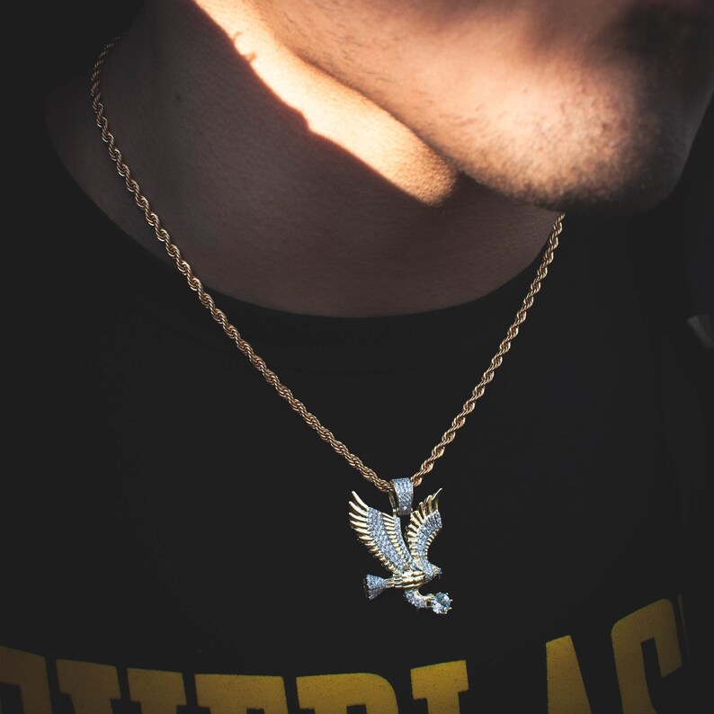 18k Yellow Gold Eagle Pendant Necklace w Franco Rope Chain LIFETIME WARRANTY