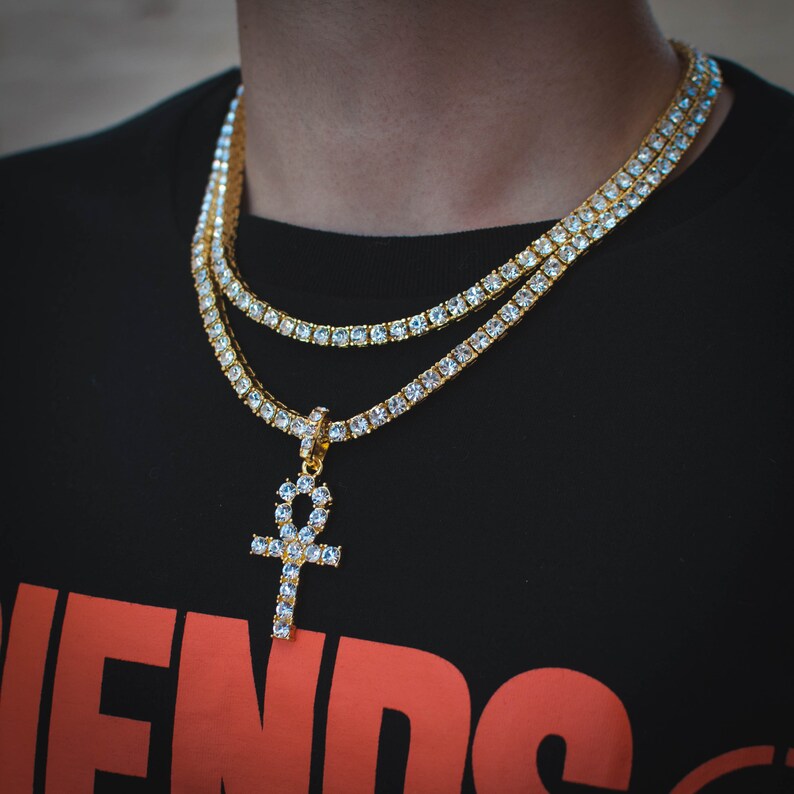 18k Yellow Gold Iced Out Tennis Chain W/ Ankh Necklace Pendant Etsy