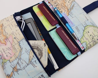 Travel case / passport cover "WORLD MAP / navy blue", MODEL 4/meter - family case for 2-4 passports