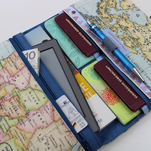 Travel case / travel organizer for families 4/meter World Map different interior colors available Jeansblau