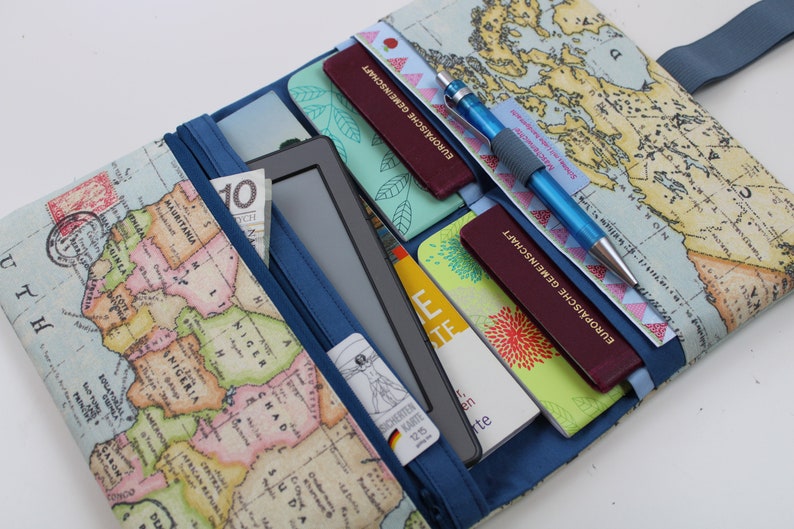 Travel case / travel organizer for families 4/meter World Map different interior colors available Jeansblau