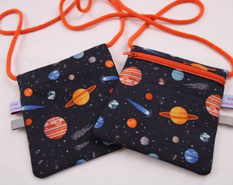 Children's CHEST POUCH "Planets" with zipper and reflector flag; breast pocket, purse, wallet